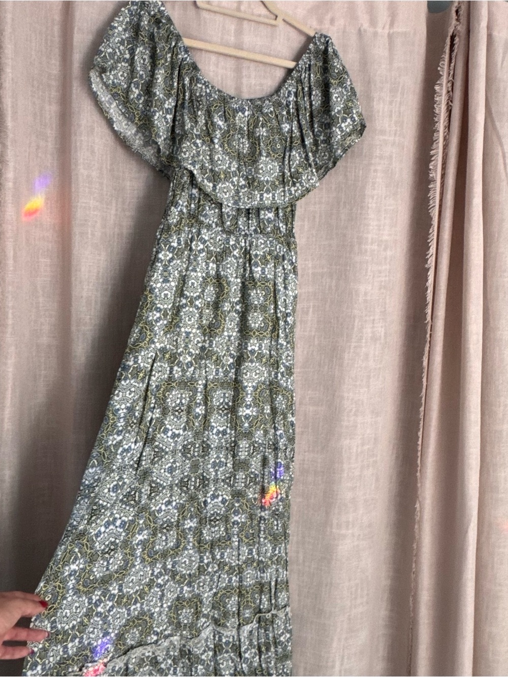Blue and green across the shoulder floral abstract maxi dress size medium